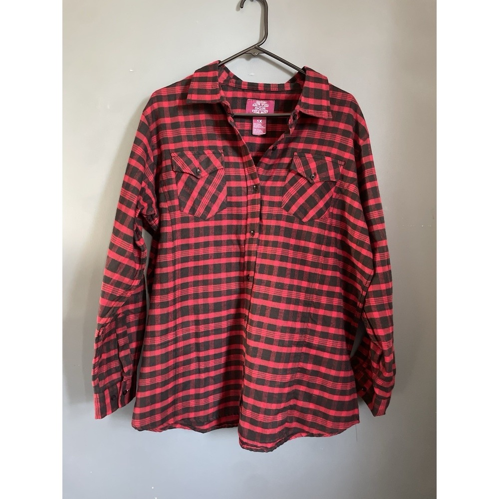 SGR Big Ladies Flannel Princess Seam Roll Tab Shirt Red Black Plaid 1X